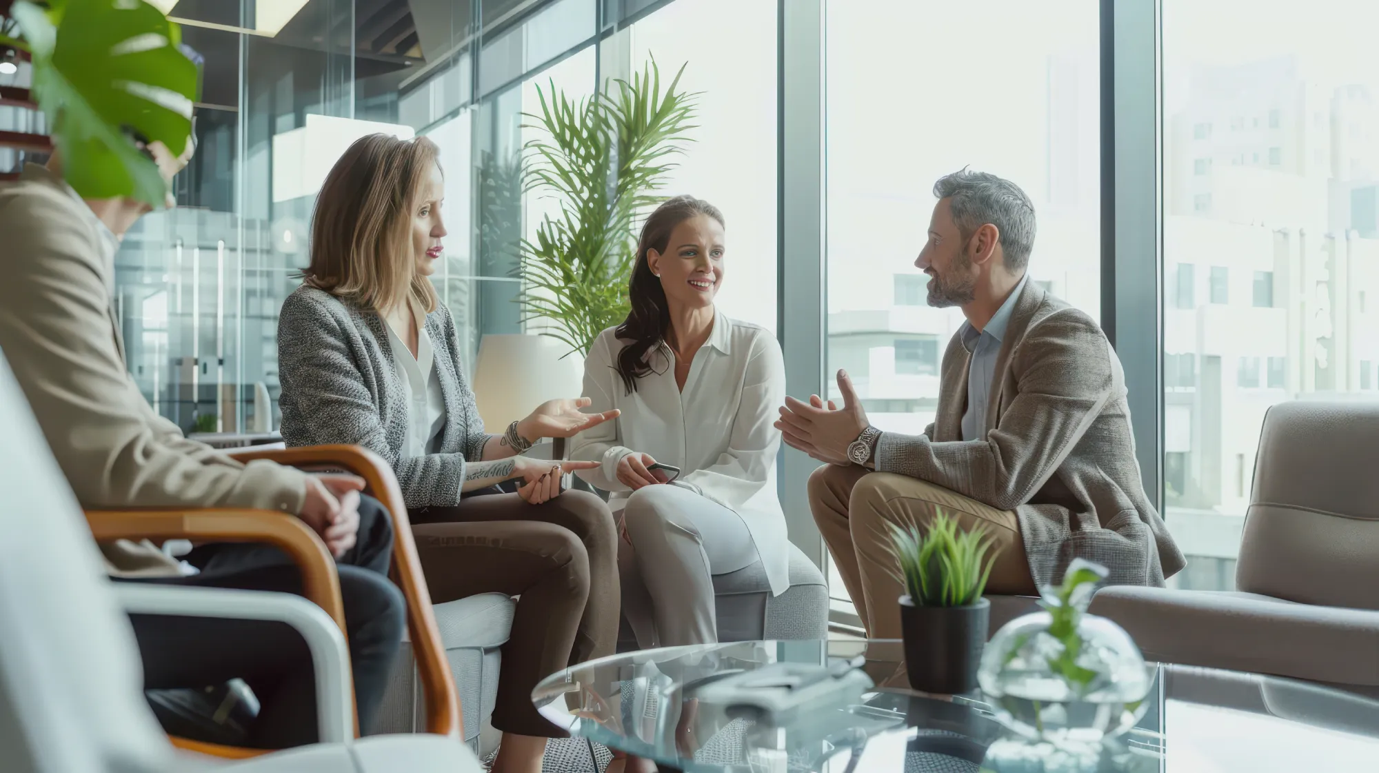 Young adult accompanied by parents in a meeting with a financial planner
